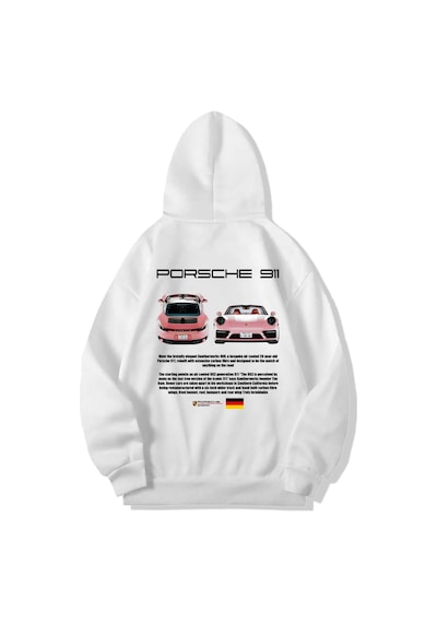 Brz Collection Unisex Oversize Porsche 911 Hoodie Beyaz Beyaz