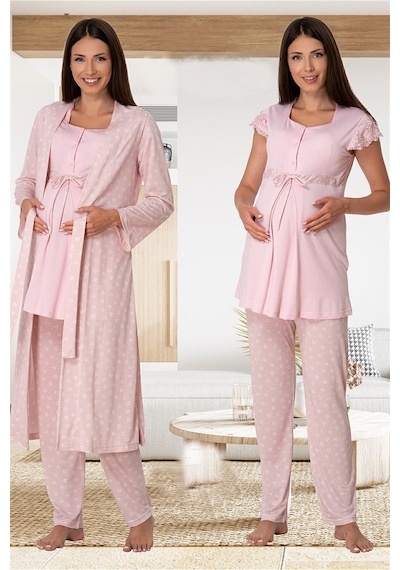 Effort Pijama Mayss Collections 6014 Pembe Renk Mavi Sabahlıklı Lohusa Pijama Takımı Pembe