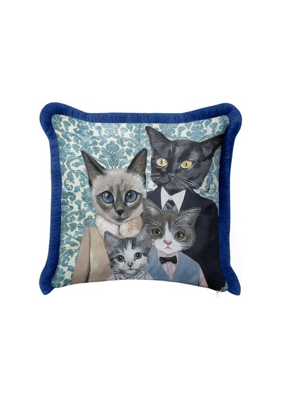 Zarif Vintage Kedi Ailesi Saçaklı Yastık Kılıfı - Sanatsal Bohem Mavi Püsküllü Kırlent Kılıfı Açık Kumlu Nane