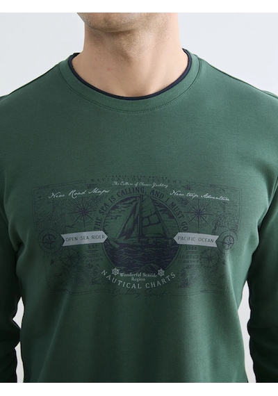 Lc Waikiki Yeşil Bisiklet Yaka Baskılı Erkek Sweatshirt