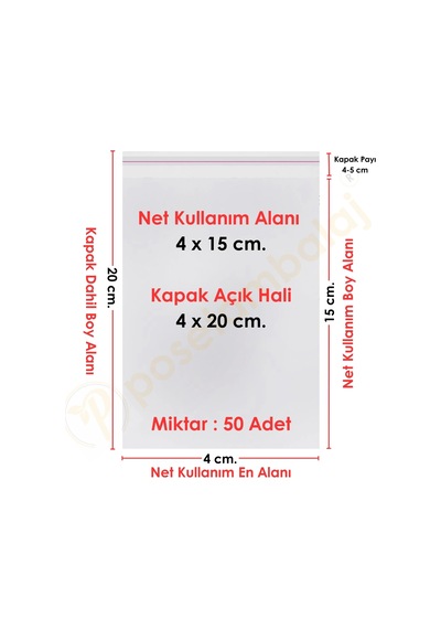4x15+5 Cm. 4x20 50 Adet Şeffaf Bantlı Yapışkanlı Opp Poşet