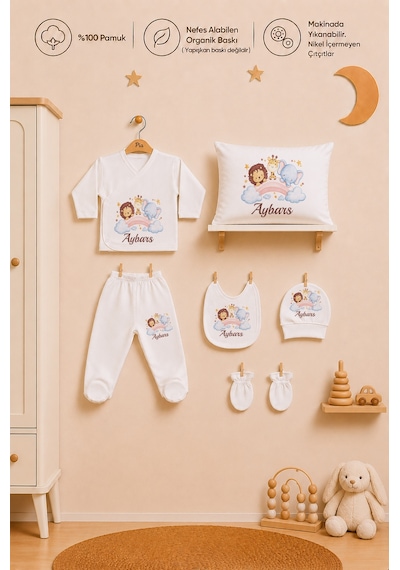 Pia Baby Erkek Bebek 7 Parça Hastane Çıkışı Seti %100 Pamuk Kişiye Özel İsimli Zıbın Set 1022zyb3x Ekru