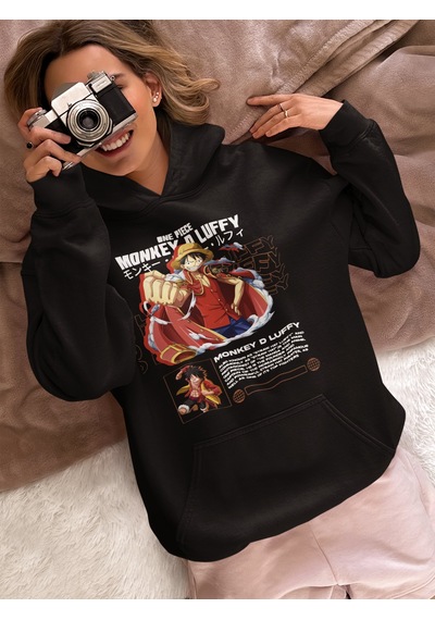 Sevbano One Piece Monkey D. Luffy Baskılı Unisex Oversize Anime Karakter Siyah