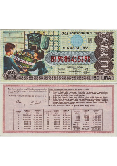 Eski Milli Piyango 1/4 Bilet 9 Kasım 1983 Çeyrek. 10 Kasım Temalı. 150 Lira.
