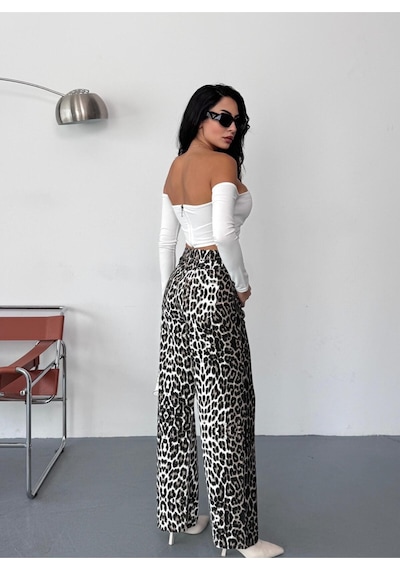 Kadın Kahve-beyaz Leopar Desenli Wide-leg Yüksek Bel Kot Pantolon Denim Kumaş Kahverengi Kadın Kahve-beyaz Leopar Desenli Wide-leg Yüksek Bel Kot Pantolon Denim Kumaş Kahverengi