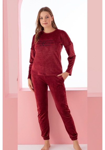Farya Home Luxury Velvet Fransız Kadife Yazı Detaylı Pijama Takımı Bordo