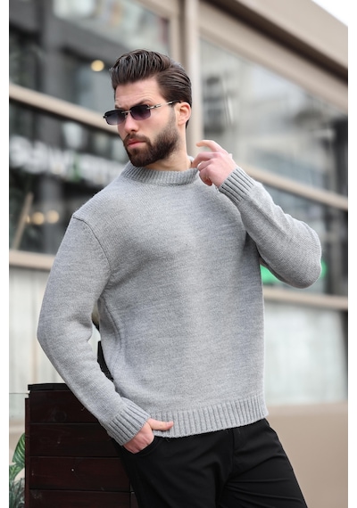 Madmext Gri Bisiklet Yaka Overfit Erkek Triko Kazak E7402 Gri