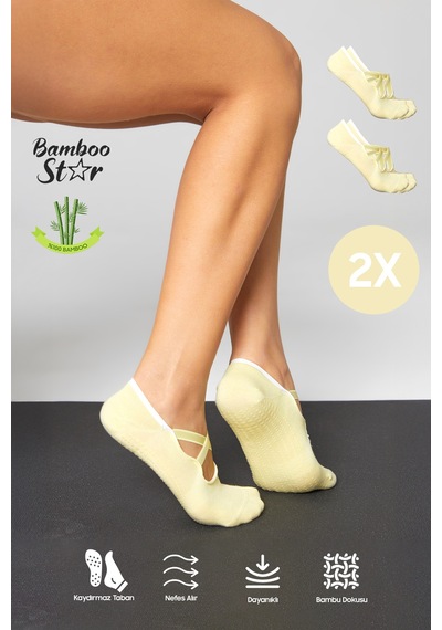 Bamboo Star Bambu Kadın Sarı Kaydırmaz Taban Silikon Baskı Pilates Yoga Fitness Dans Aktivite Babet Çorabı 2'li