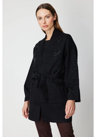 On Fashion Beli Kuşaklı Taş İşlemeli Siyah Hırka 60909 Siyah