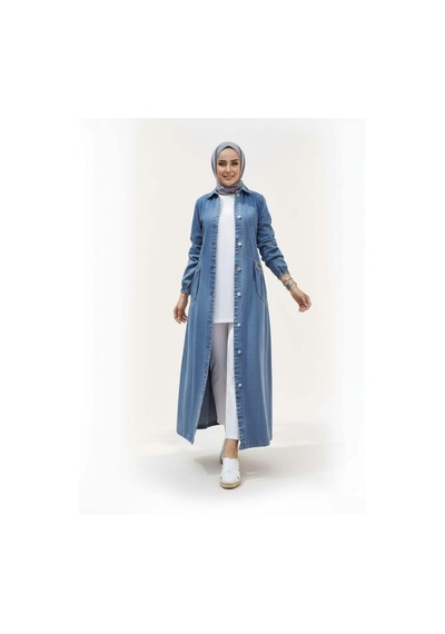 Hb Harma Time Butik Kadın Düğmeli Cepli Kar Yıkamalı Denim Mavi Kot Kap Açık Mavi Açık Mavi