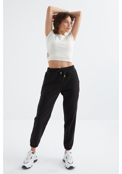 Siyah Yüksek Bel Basic Bağcıklı Jogger Polar Kadın Eşofman Alt - 94622 Siyah