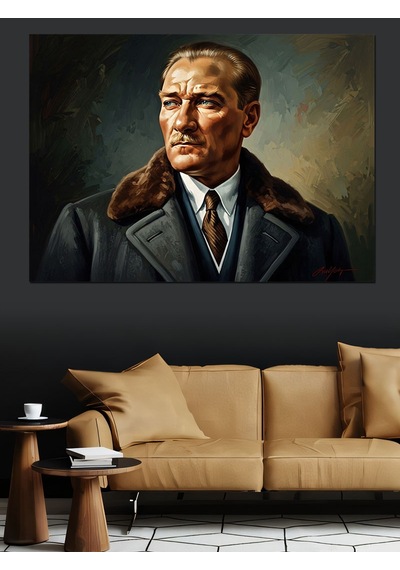 Palto Ve Kürk Giymiş Atatürk Portresi Dekoratif Kanvas - Mdf Ahşap Tablo