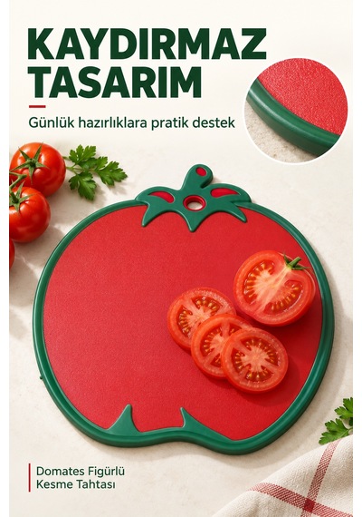 Domates Figürlü Kaydırmaz Kesme Tahtası 30 X 30 Cm Askılı Plastik Sebze Meyve Doğrama Panosu Kırmızı