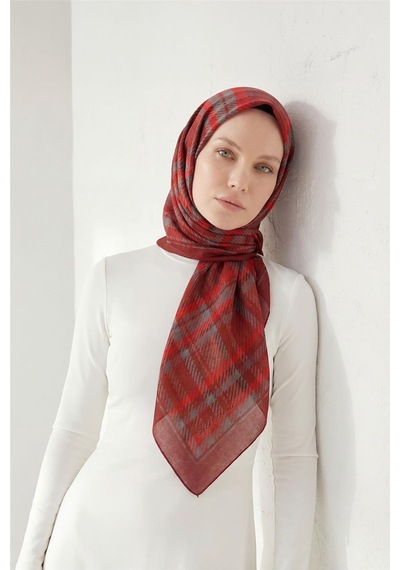 Silk Home Viskon Velora Eşarp Dört Mevsim Ekose Desen Koyu Kırmızı 90x90 Çok Renkli