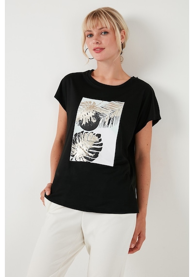 Lela Baskılı Bisiklet Yaka Regular Fit Bayan T Shirt 6671004 Siyah