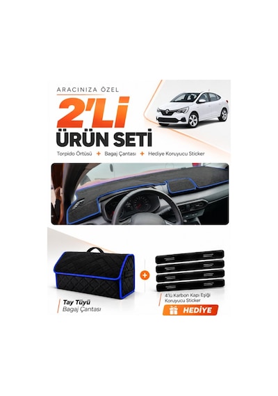 E-biz Renault Talıant Ekransız 2021-2026 Uyumlu Torpido + Tay Tüyü Çanta - Siyah-mavi - Da002