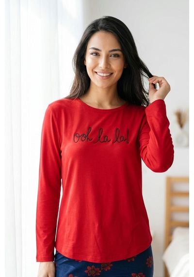 Aura Collections Kadın Desenli Bambu Viskon Uzun Kollu Soft Örme Mevsimlik Pijama Takımı Kırmızı