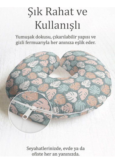 Monstera Yaprak Desenli Pamuklu Boyun Yastığı - Pastel Yeşil Bej Yumuşak Seyahat Yastığı Canlı Adaçayı Koyu Yeşil