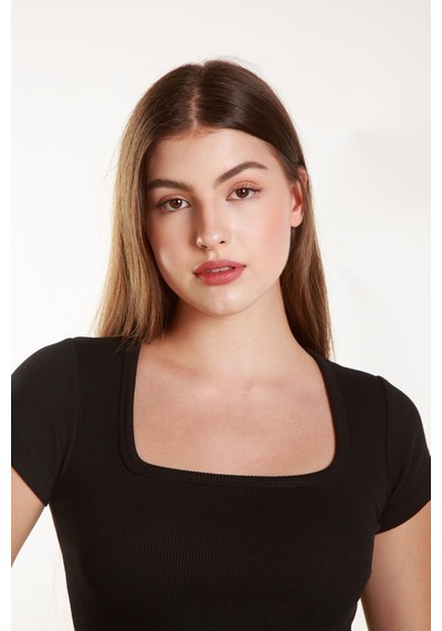 Mea Capio Kadın Fitilli Crop Kare Yaka Fitilli Kısa Kollu T-shirt Atlet Siyah