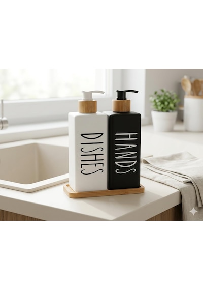 Premium Mat Siyah & Beyaz Mutfak Sabunluk Seti - Bambu Tepsili 2x450ml Bulaşık Deterjanı Ve Beyaz,siyah