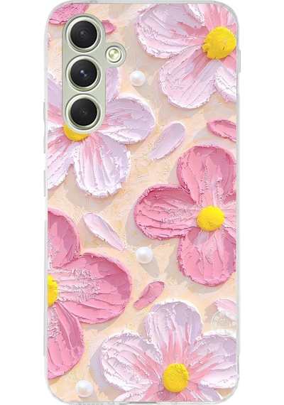 Samsung Galaxy A15 Uyumlu Pembe Beyaz Çiçekler Sulu Boya Baskılı Silikon Kılıf Renkli