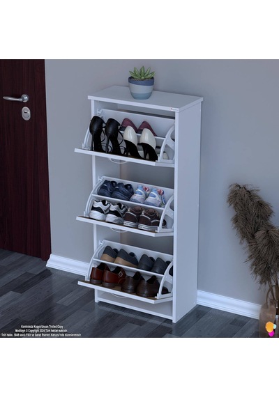 Modilayn West Antre 52x116x 26 Cm Lik 3 Düşer Kapak 6 Göz Bölmeli Ayakkabılık Meşe - Beyaz Modilayn West Antre 52x116x 26 Cm Lik 3 Düşer Kapak 6 Göz Bölmeli Ayakkabılık Meşe - Beyaz