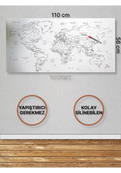 Duvara Kendiliğinden Manyetik Yapışan Yazılıp Silinebilen Dünya Haritası 110 X 56 Cm Şeffaf