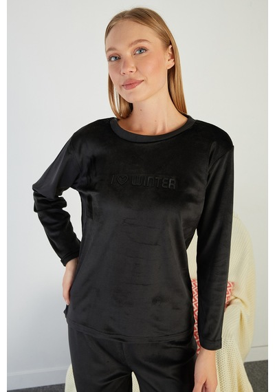 Fullamoda I Love Winter Kabartma Baskılı Kadife Pijama Takımı Siyah