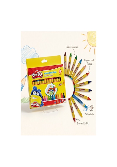 Jumbo Mum Boya 12 Li 1 Paket Play-doh 12 Renk Mumboya Elleri Kirletmeyen Yıkanabilir Silinebilir Karton Kutu Çok Renkli