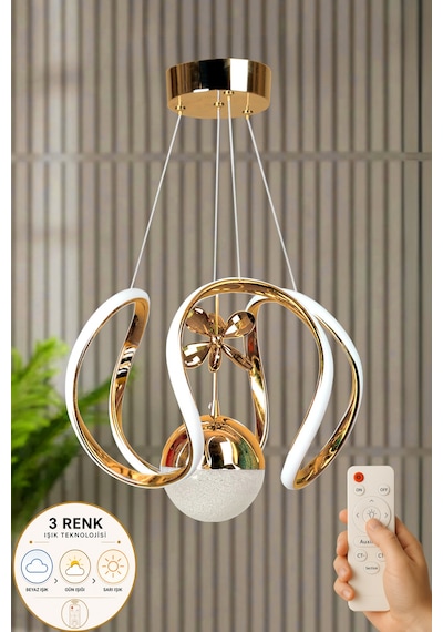 Rose Model 3 Renk Kumandalı Salon Yemek Çocuk Odası Hol Antre Koridor Gold Kaplama Led Sarkıt Avize