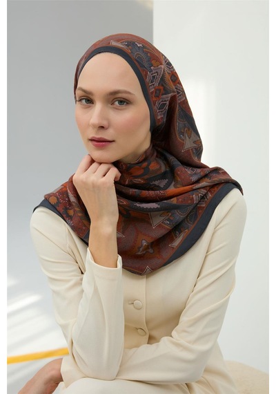 Silk Home Viskon Velora Eşarp Antrasit-taba Desenli Kaymaz Tok Duruşlu 90x90 Çok Renkli