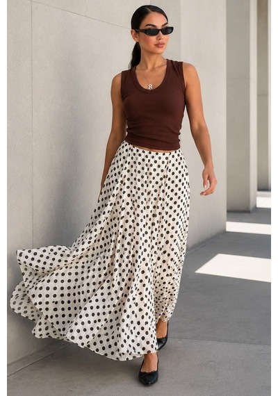 Madmext Bej Puantiye Desenli Vintage Şifon Maxi Etek Mg2776