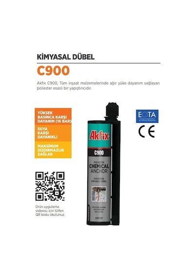 Akfix C900 Kimyasal Dübel Yeni Suya Basınca Dayanıklı 345 Ml