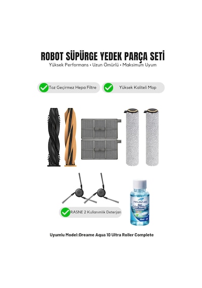 Dreame Aqua10 Ultra Roller Complete İle Uyumlu 1 Ana Fırça 2 Yan Fırça 2 Filtre 2 Mop 1 Deterjan 3.0