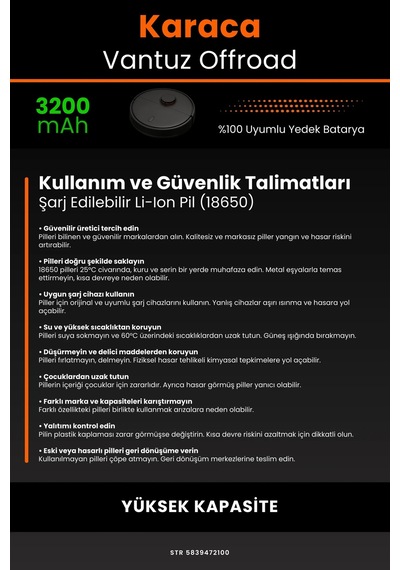 Karaca Vantuz Offroad 3200mah Robot Süpürge Bataryası