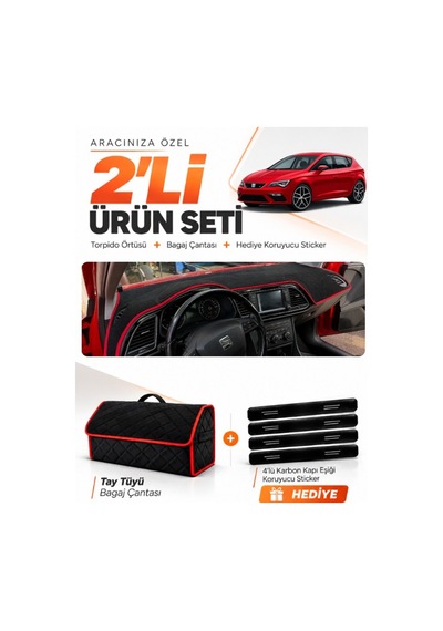 E-biz Seat Leon 2013-2020 Uyumlu Torpido Örtüsü + Tay Tüyü Bagaj Çantası - Siyah-kırmızı - Se006