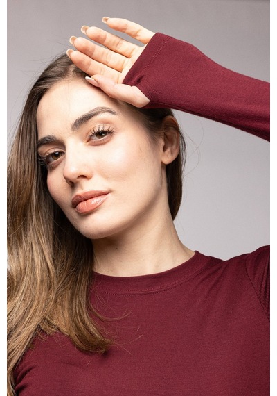Saade Sââde Kadın Bisiklet Yaka Parmak Geçmeli Uzun Kollu Body/bluz Bordo