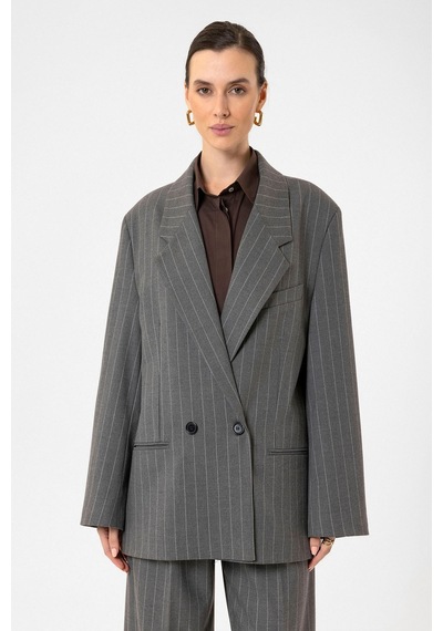 Antioch Kadın Çizgili Oversize Blazer Ceket Gri