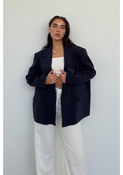 Madmext Lacivert Keten Blazer Kadın Ceket Mg2443 Lacivert