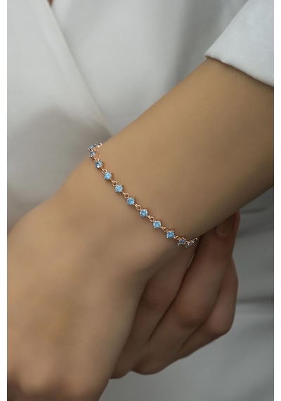 Nereze 925 Ayar Gümüş Rose Sıralı 3 Mm Aquamarin Taşlı Bileklik