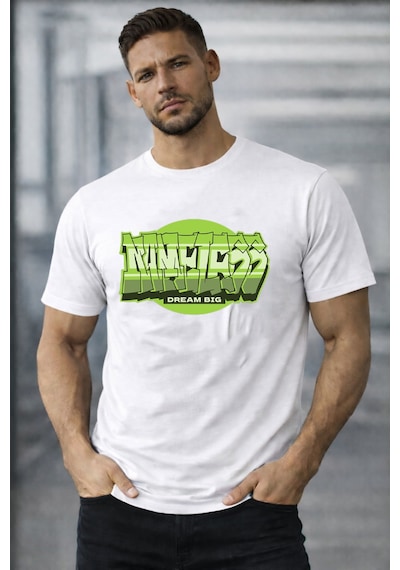 Herkesemoda Dream Big Yazı Detaylı Basic T-shirt Beyaz