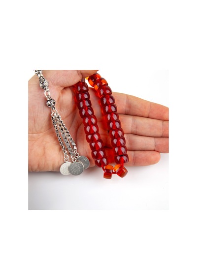 Osmanlı Ateş Kehribar 1900'ler Dönem İşi 925 Ayar Gümüş Püskül Fıçı Kesim 14x8mm Tesbih Kırmızı