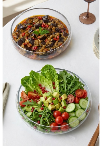 Selen Concept Simge Model Büyük Boy El Yapımı Cam Salata Kasesi 2'li Set Şeffaf
