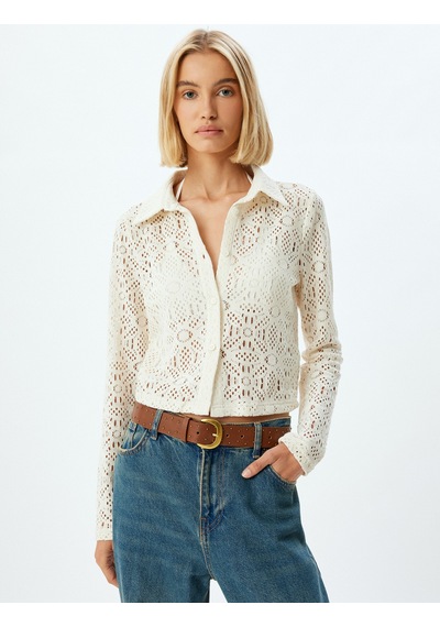 Koton Crop Kroşe Gömlek Ajurlu Uzun Kollu Slim Fit Ekru 5wak60015ek