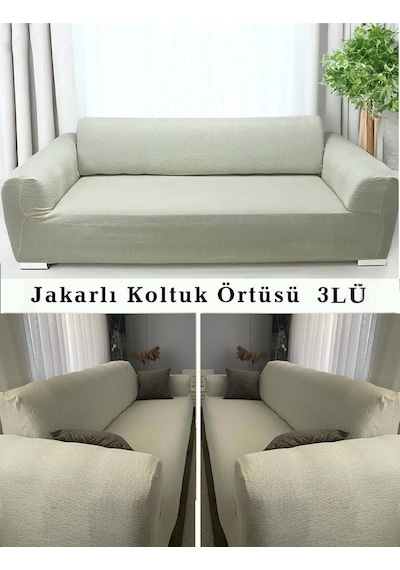 StarMall Jakarlı Çubuk Desen Koltuk Örtüsü Koltuk Kılıfı Lastikli Esnek Yıkanabilir 3Lü Bir Adet Sütlü Krem