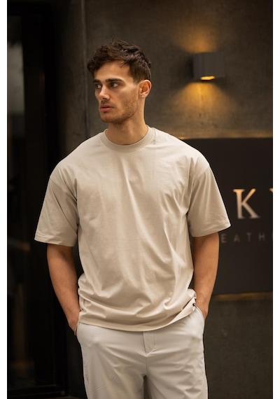Gravel Oversize Bisiklet Yaka Pamuklu T-shirt - Bej Bej
