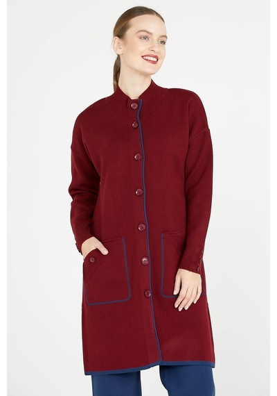 Dik Yaka Cepli Uzun Triko Ceket - Bordo 001