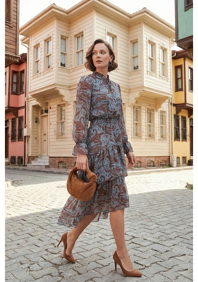 Lela Regular Fit Yaka Detaylı Volanlı Şifon Midi Bayan Elbise 611El1448 Mavi