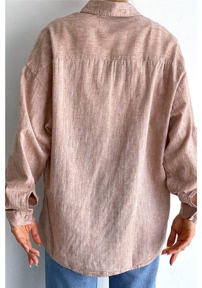 Femelle Kadın Çift Cepli Düşük Omuz Oversize Boyfriend Salaş Kalıp Keten Basic Gömlek kahverengi Femelle Kadın Çift Cepli Düşük Omuz Oversize Boyfriend Salaş Kalıp Keten Basic Gömlek kahverengi