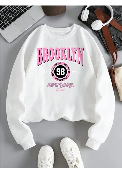 Startmore Tarzsokak Brooklyn Dünya Hayalperest Kazak Kadın Mektup Baskılı Kapüşonlu Svetşört Polar Sıcak Crewneck Beyaz